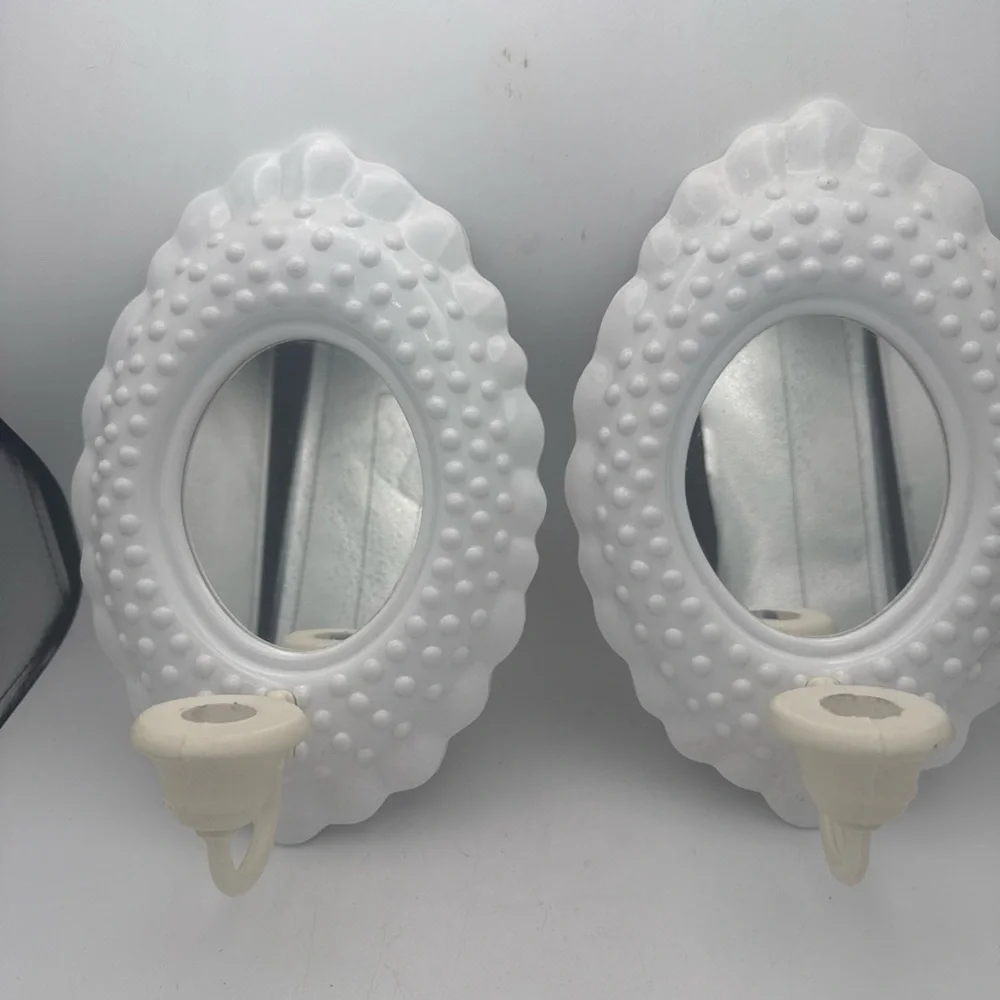 2 VTG 1985 Burwood White Plastic Hobnail Mirrored candle wall Sconces 10x7”